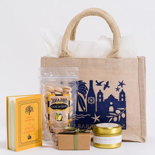 Santa Barbara skyline tote paired with local pistachios, soy candle, chocolate truffles and Sb Pocket History